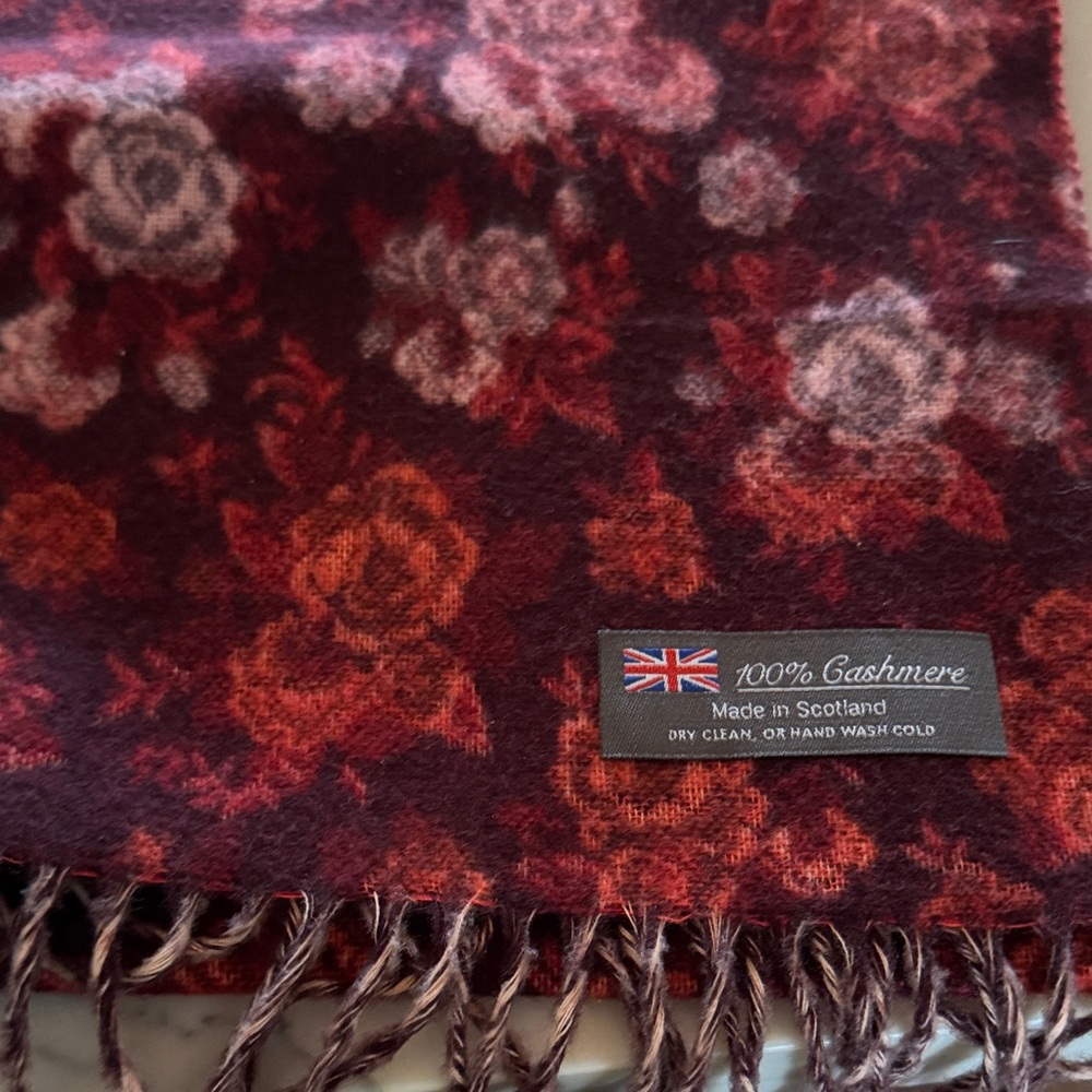 100% Cashmere Floral Fringe Scarf - Burgundy, Rust & Cream